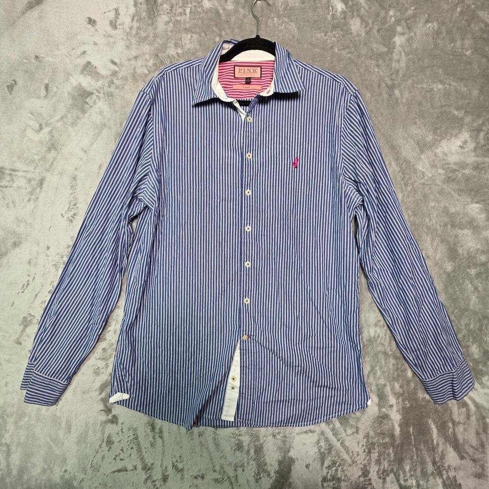 Thomas Pink Mens Blue White Striped Cotton Casual Button Down Shirt Medium